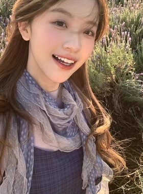 藤井树同款波点蕾丝木耳边丝巾