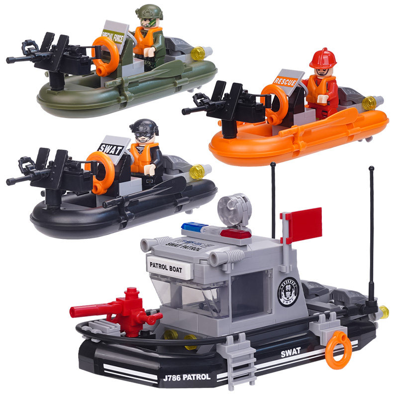 适用于乐高军事基地SWAT特警人仔冲锋艇橡皮艇摩托车拼装儿童玩具