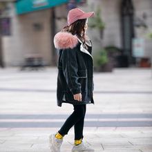 中大童时髦连帽牛仔外套潮 女童加绒加厚亲子牛仔风衣2019冬款 韩版