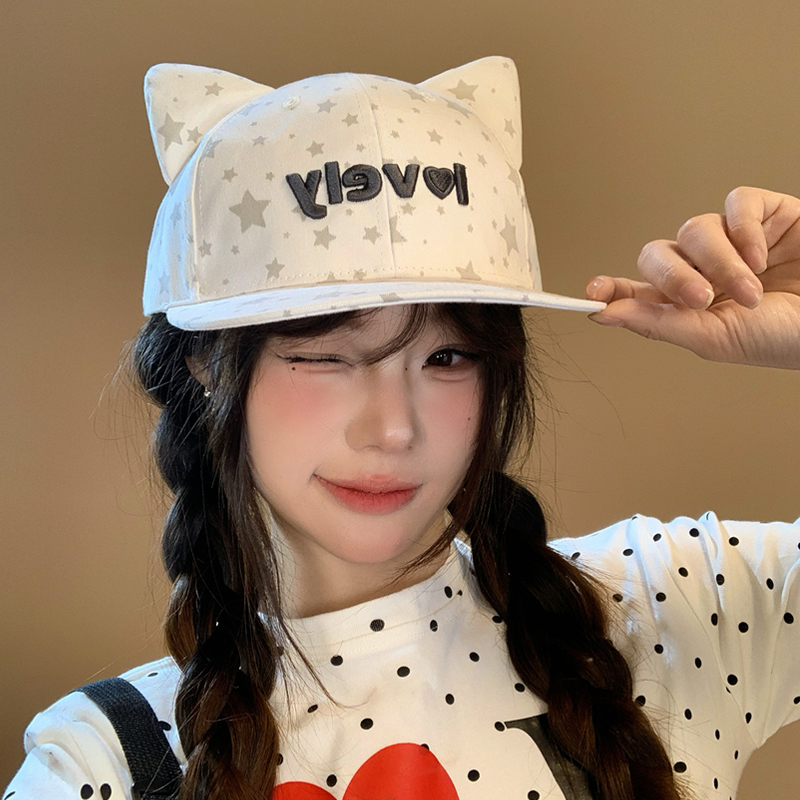 小众搞怪可爱猫耳朵平沿棒球帽女甜美个性显脸小星星字母鸭舌帽子