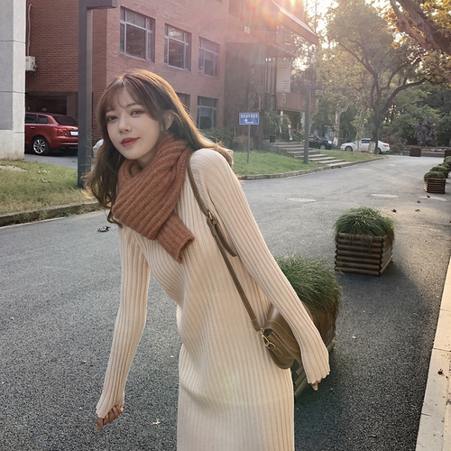 Actual shooting of the new Korean women's dress in autumn and winter 2021 chic temperament solid color pit strip half high neck knitted dress