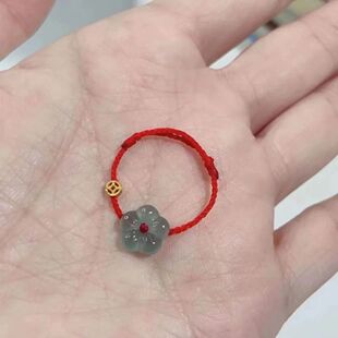 简约小众有钱花戒指女国风优雅铜钱小花抽拉可调节编织黑红绳指环