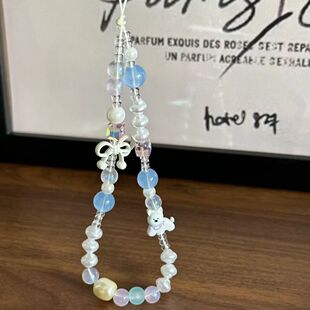 ins串珠夏日蝴蝶结西高地清新相机蓝色挂绳手机链挂链挂件ccd链条