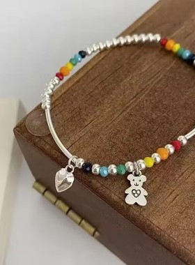彩虹笑脸小熊爱心手链女小众感手工串珠弹力绳情侣手饰品