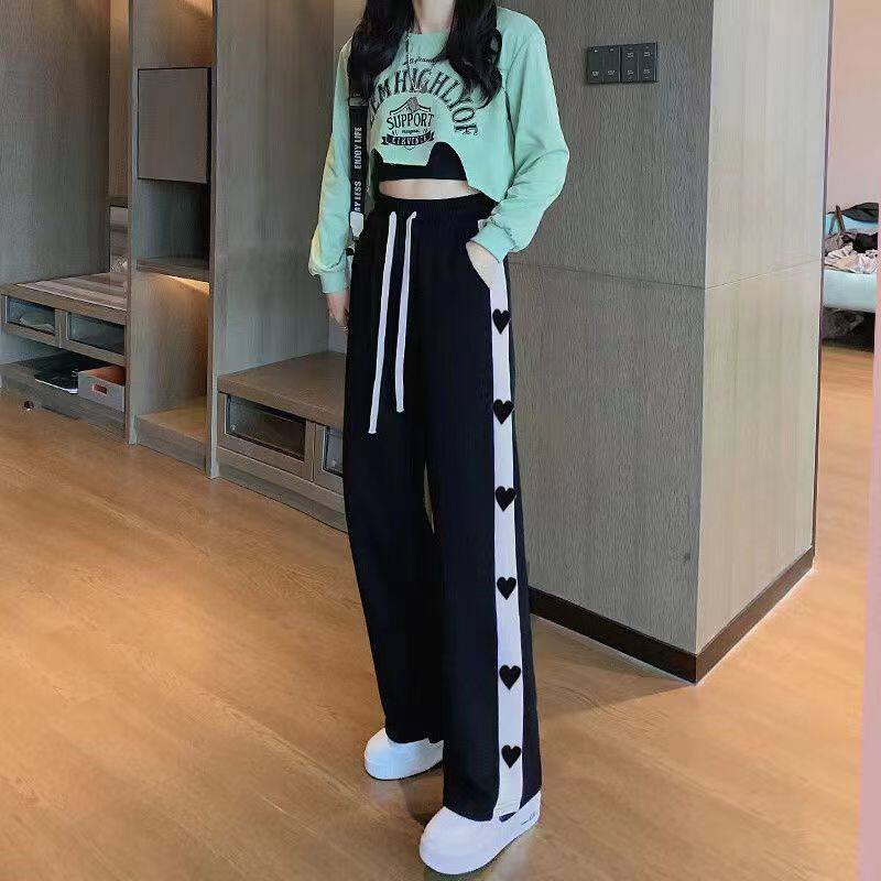 网红拼接裤子女宽松春秋薄款阔腿休闲裤