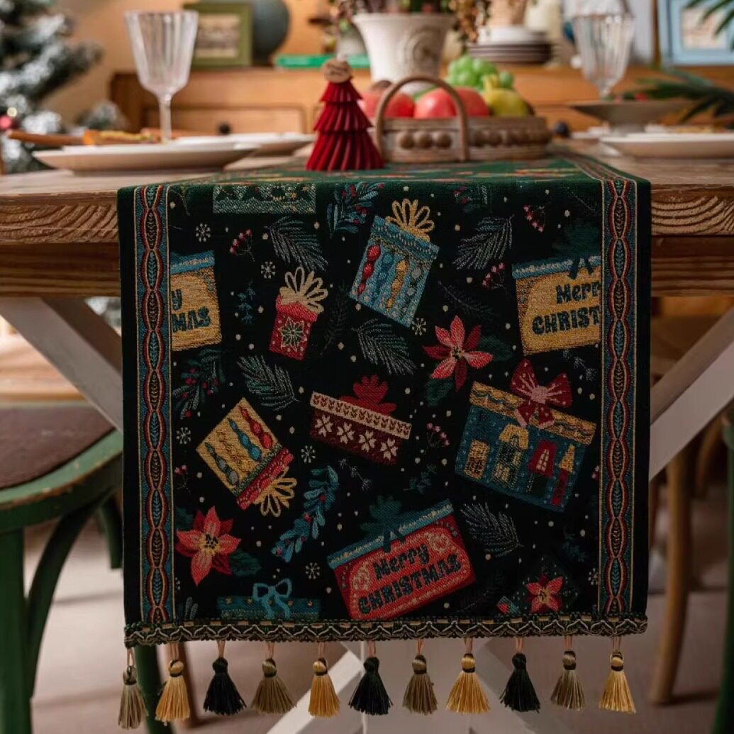 圣诞绿色桌旗卡通长条茶桌垫布