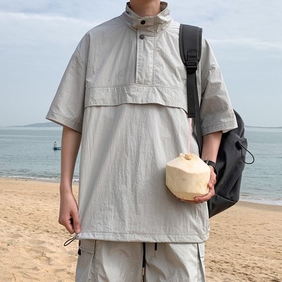 男士复古防晒连帽T恤衫2025夏季新款男装青少年时尚休闲简约上衣
