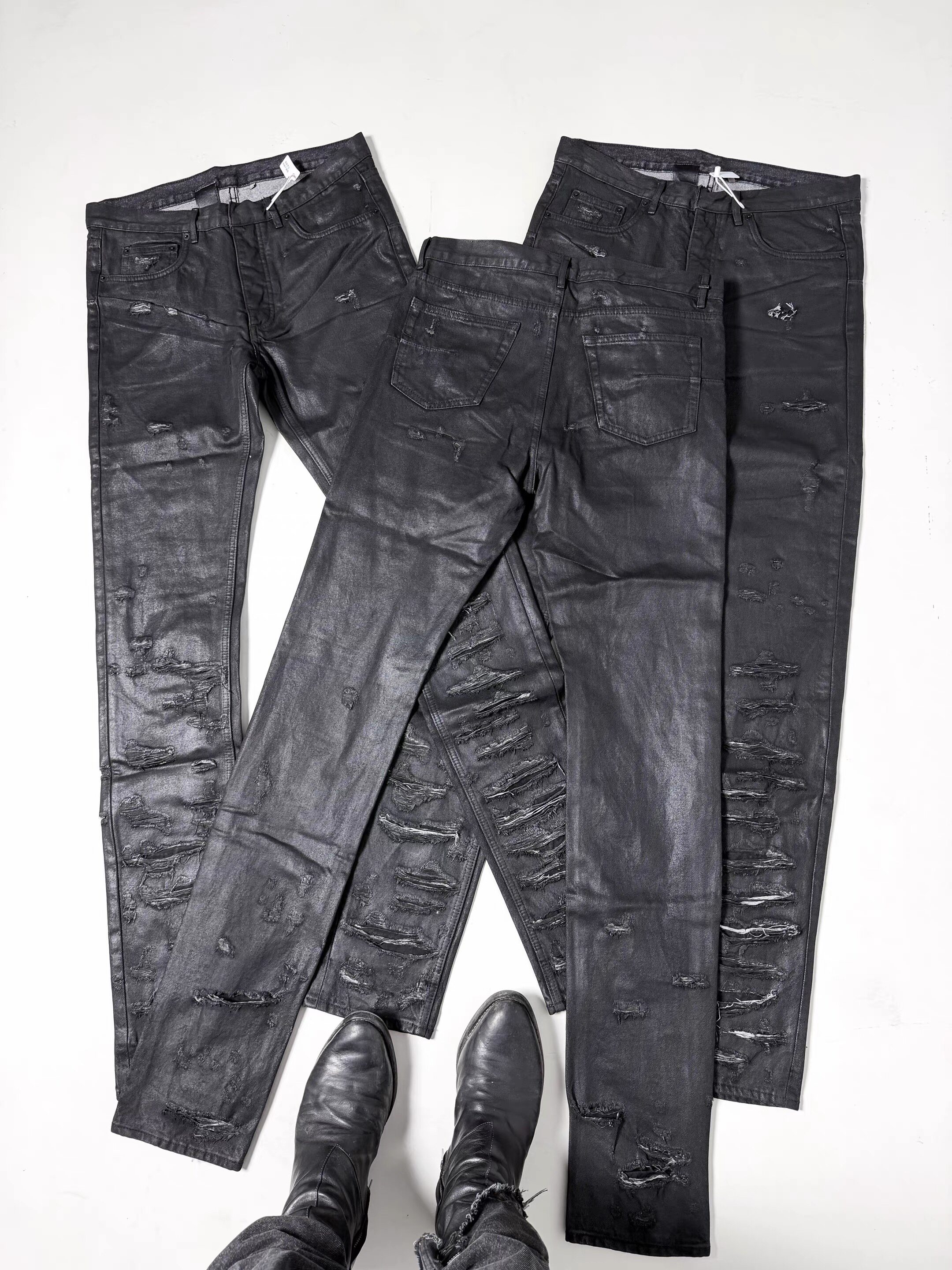 thumbnail for Oriental Dragon Sama DH Style Homme 04SS Runway Black Vinyl Extreme Damage Slim Jeans hediboy