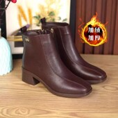 靴百搭妈妈鞋 冬季 短靴保暖真皮方跟防滑中跟时装