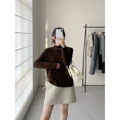 5103&半高领钉珠加绒纯色打底衫女秋冬大码时尚百搭显瘦毛衣内搭