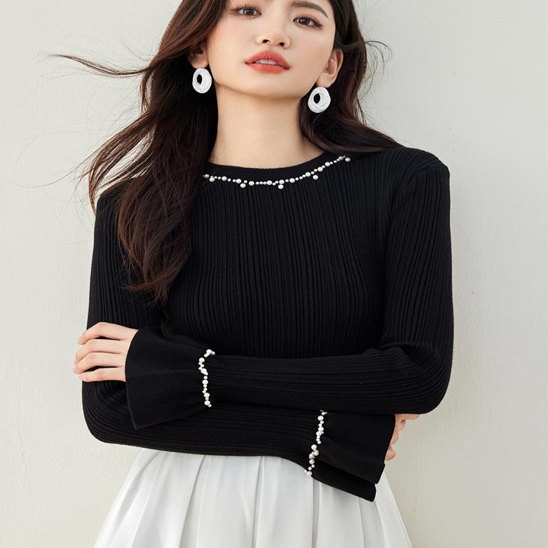 实拍◆现货钉珠半高领针织打底衫女秋季感喇叭袖内搭上衣秋冬
