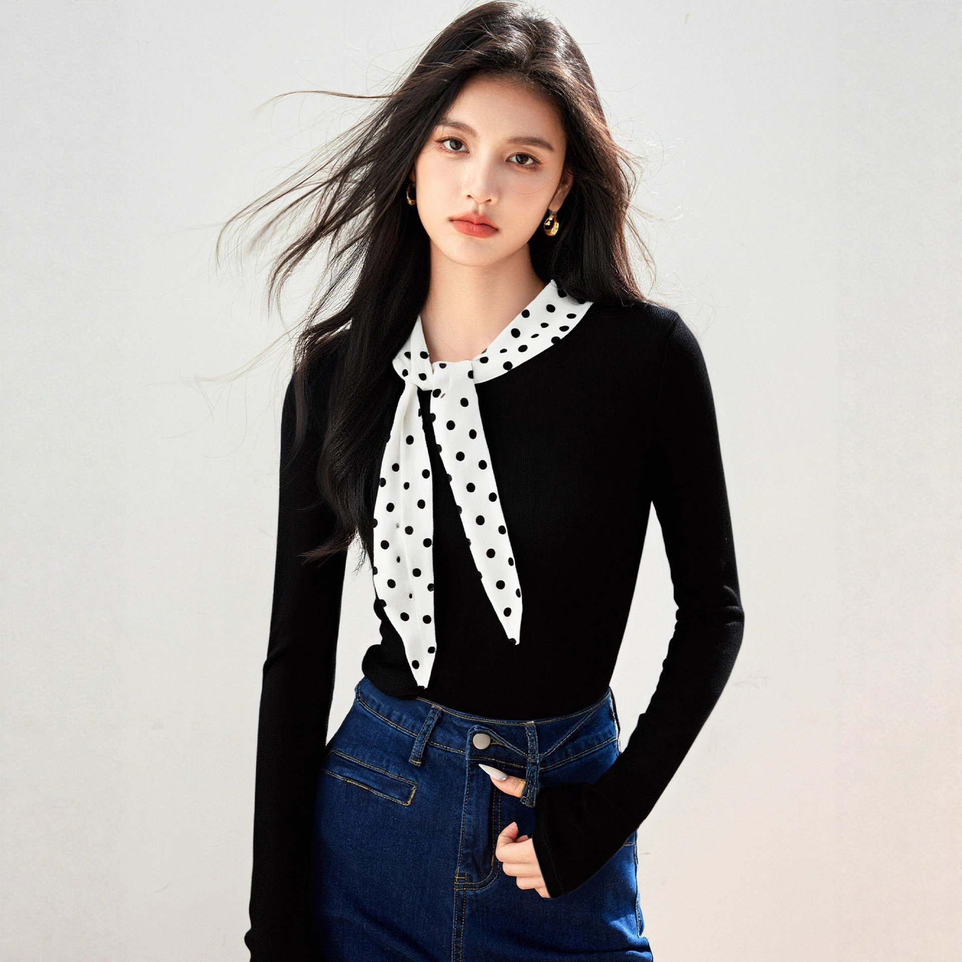 黑色波点针织衫正肩长袖t恤女早秋季修身收腰内搭打底衫短款上衣