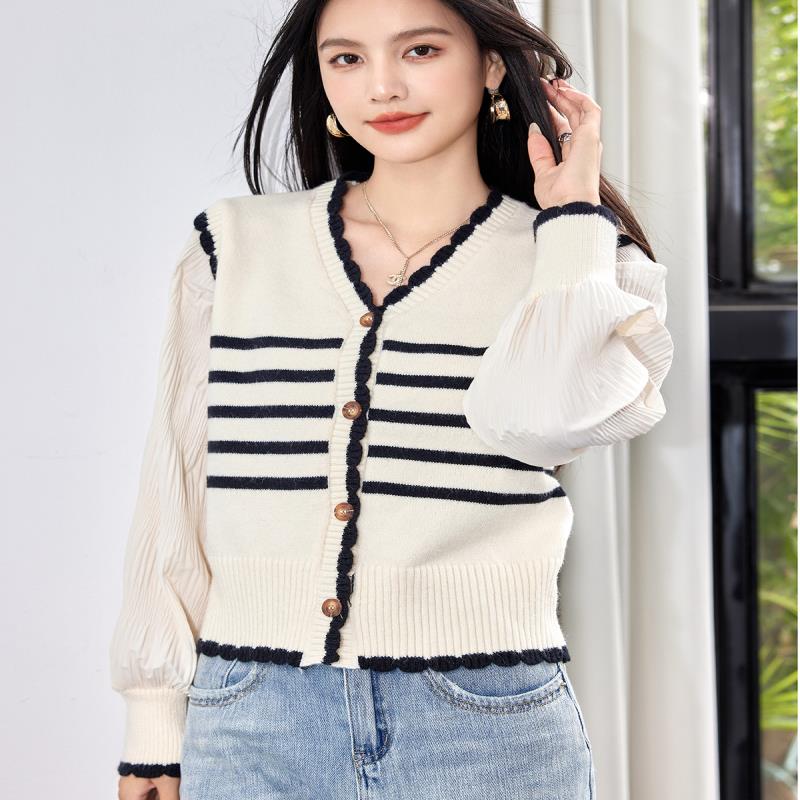 实拍◆有现货◆2025春季新款拼接假两件条纹针织开衫女法式上衣