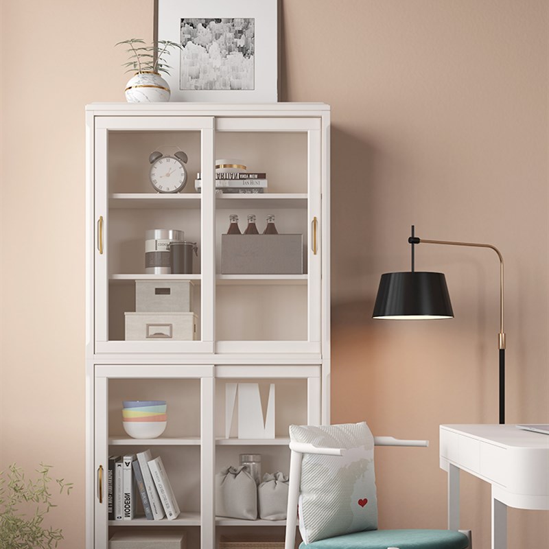书柜实木推拉门白色带玻璃客厅展示柜儿童落地靠墙书架收纳柜防尘