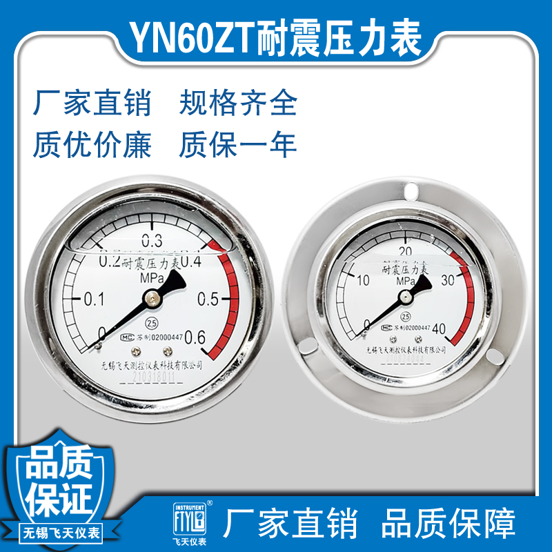 飞天测控YN60ZT轴向带边压力表耐震0-1/6/10/40MPA水气液油压力表