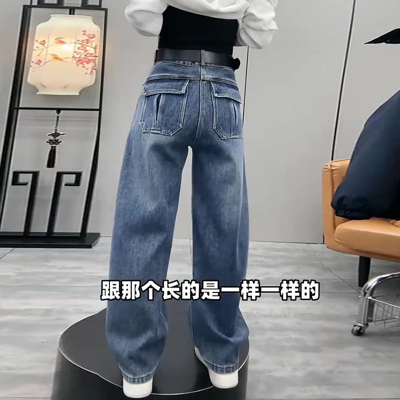 加绒加厚2025冬新款梨形身材高腰宽松直筒立体口袋弯刀阔腿牛仔裤
