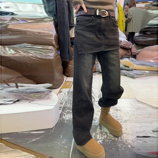 假两件裙裤女2025冬新款今年流行爆款高腰宽松直筒窄版抓绒牛仔裤