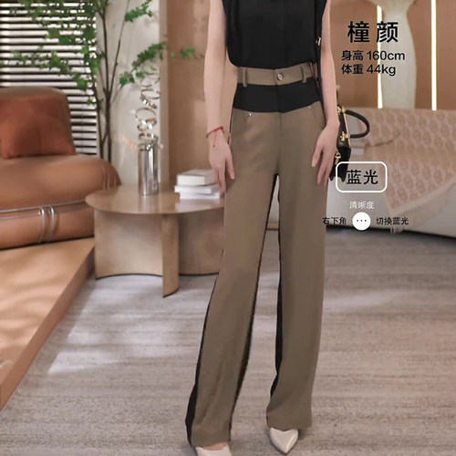 高级感黑白拼接设计2024今年流行新薄爆款遮胯显瘦直筒休闲裤子女-封面