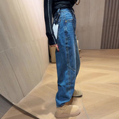 复古2026春新款 今年流行爆款 高腰宽松直筒洗水弯刀窄版 美式 牛仔裤