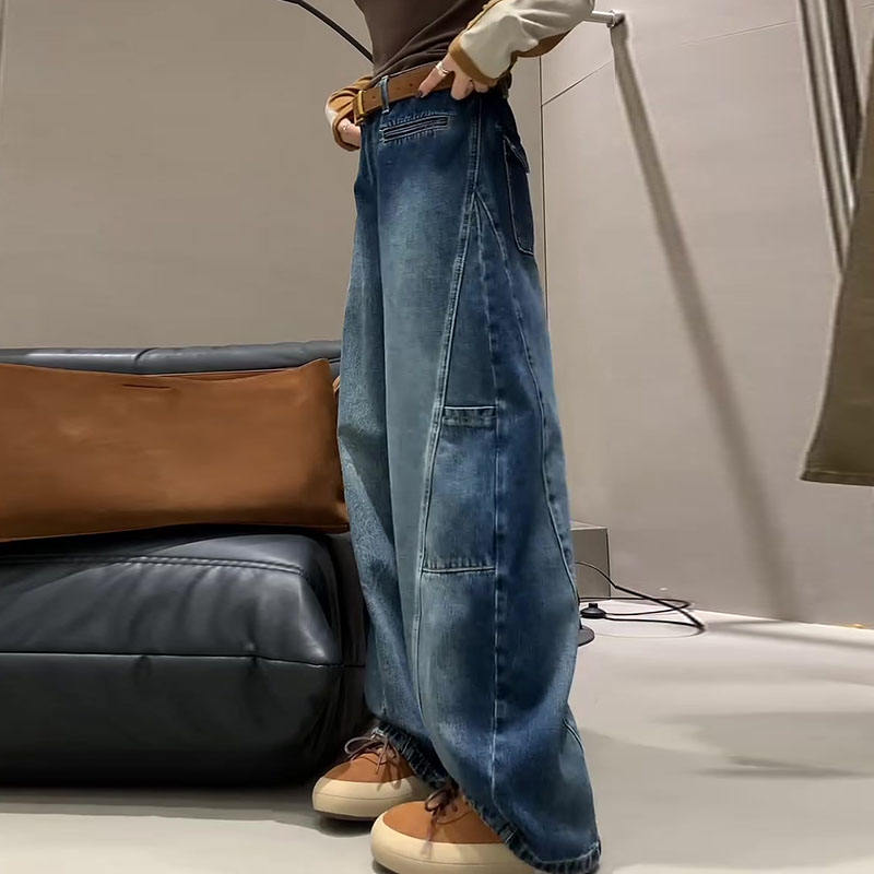 美式抓绒弯刀牛仔裤子2024秋冬新款今年流行爆款高腰宽松阔腿裤子