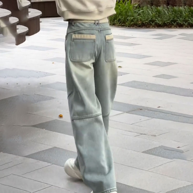 欧货加绒加厚2025冬季新款梨形身材高腰宽松阔腿弯刀解构牛仔裤子