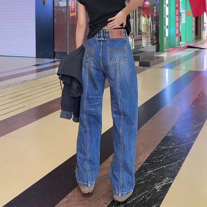 美式复古2025秋新款今年流行爆款高腰宽松直筒阔腿洗水窄版牛仔裤