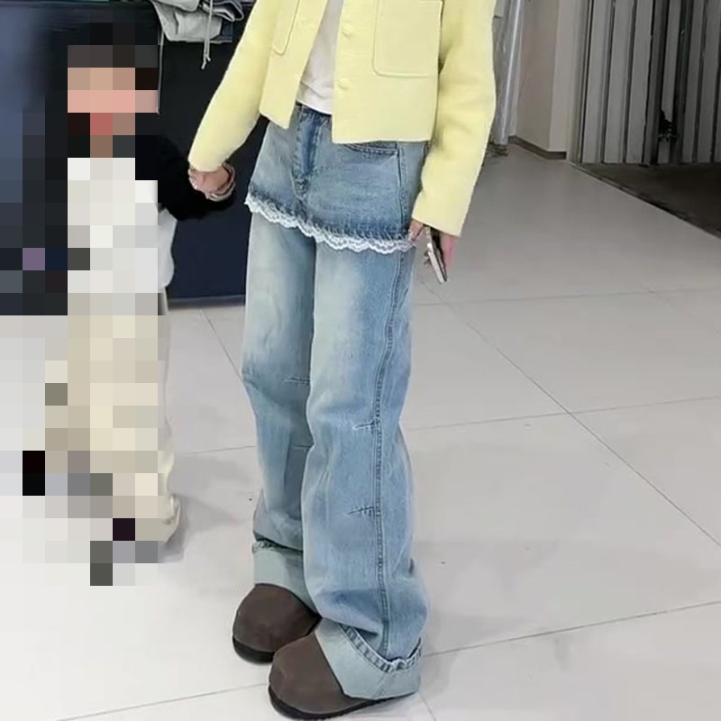 假两件裙裤女2025春新款今年流行爆款高腰宽松蕾丝拼接阔腿牛仔裤