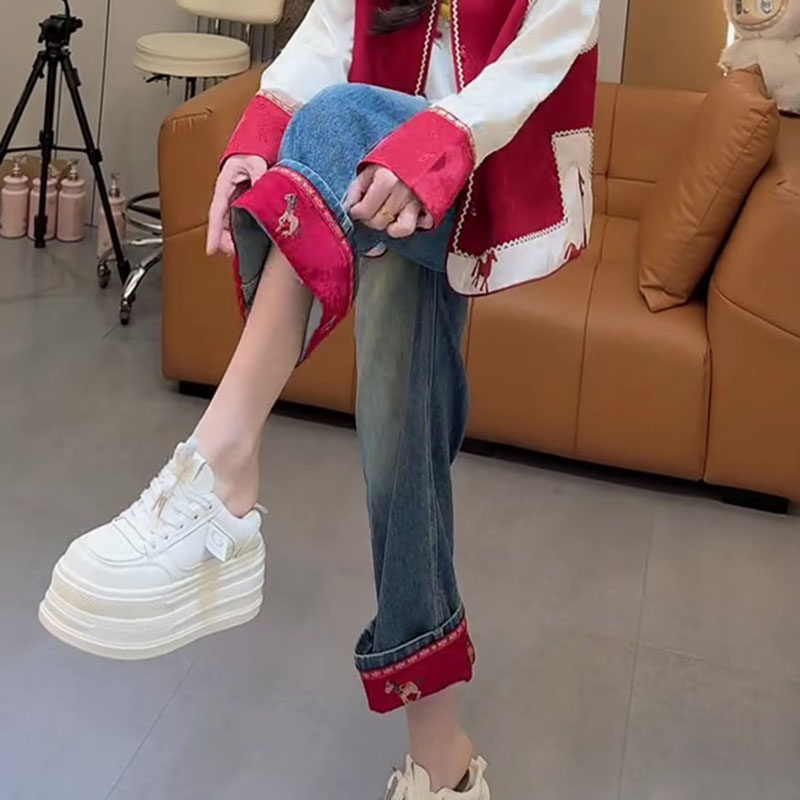 小众国风刺绣设计阔腿牛仔裤女2026春新款梨形身材高腰九分直筒裤,女装/女士精品,牛仔裤,淘宝优惠券,粉丝福利购,淘宝优惠卷