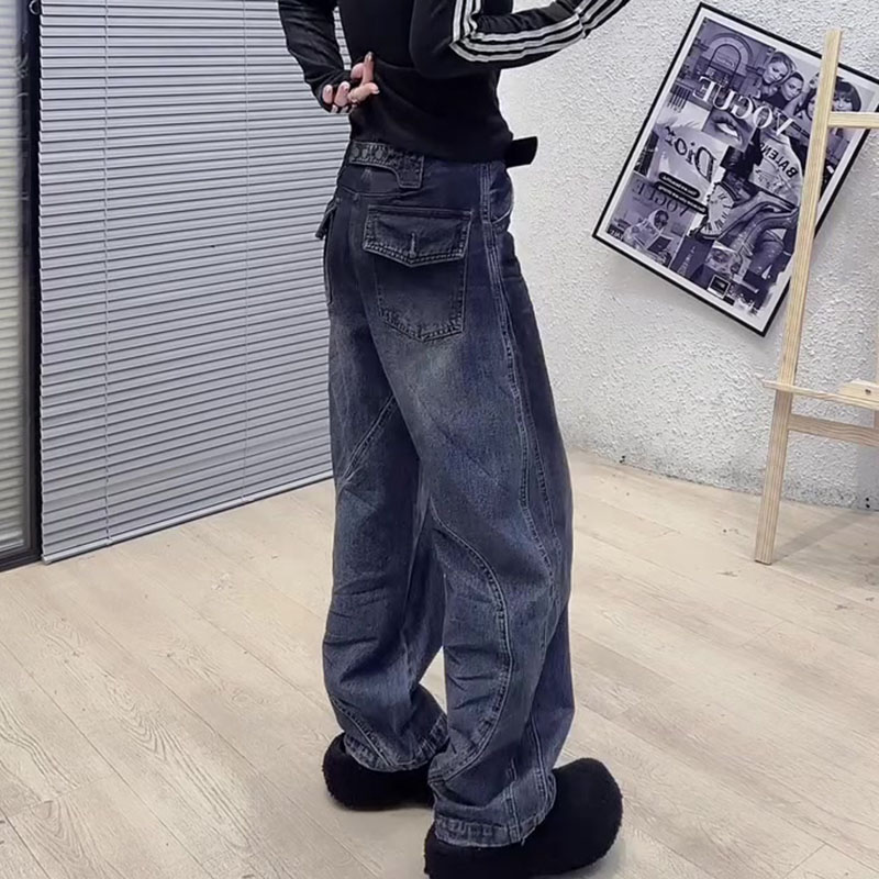 小众美式2025秋新款梨形身材高腰宽松直筒翻盖口袋宽松阔腿牛仔裤