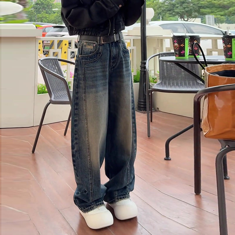 加绒加厚2025冬新款今年流行爆款高腰宽松直筒弯刀洗水阔腿牛仔裤