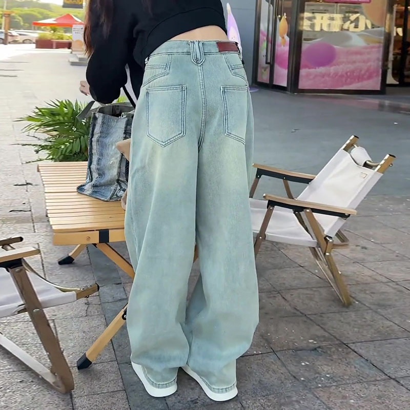 美式2025春秋新款今年流行爆款高腰宽松直筒浅蓝色阔腿牛仔裤子女