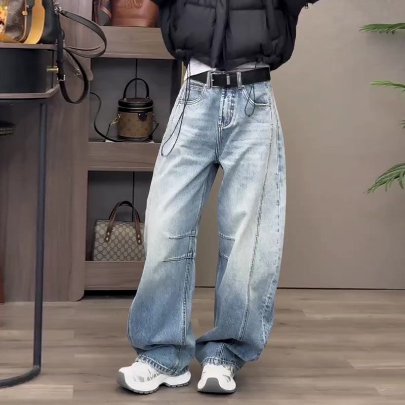 美式高街2026春新款今年流行爆款高腰宽松显瘦洗水弯刀阔腿牛仔裤,女装/女士精品,牛仔裤,淘宝优惠券,粉丝福利购,淘宝优惠卷