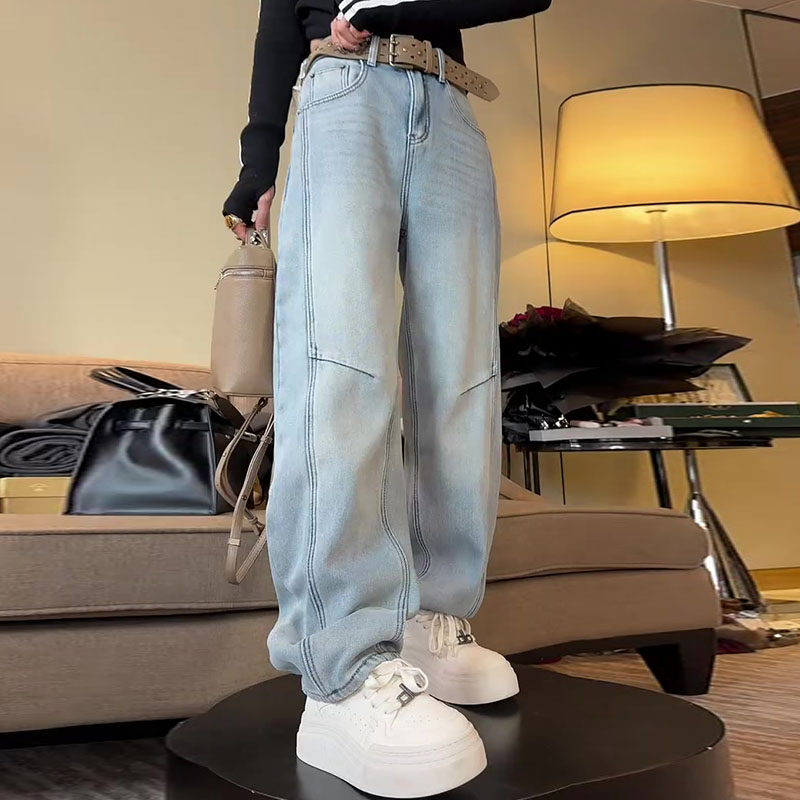 加绒加厚2025冬新款今年流行爆款高腰宽松直筒洗水弯刀阔腿牛仔裤
