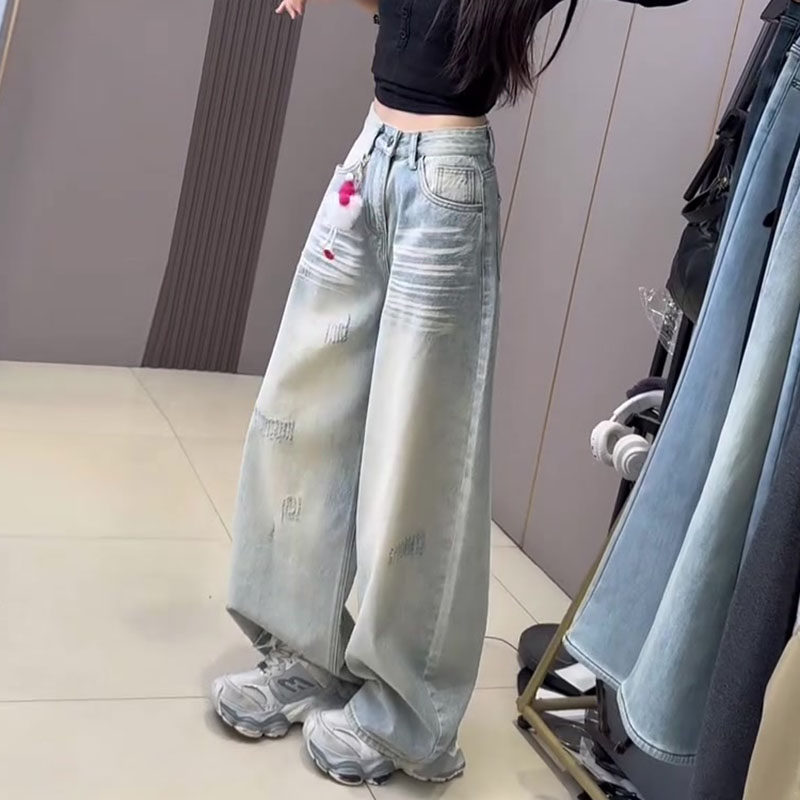 小众美式2026春新款梨形身材高腰宽松直筒洗水磨破做旧阔腿牛仔裤,女装/女士精品,牛仔裤,淘宝优惠券,粉丝福利购,淘宝优惠卷