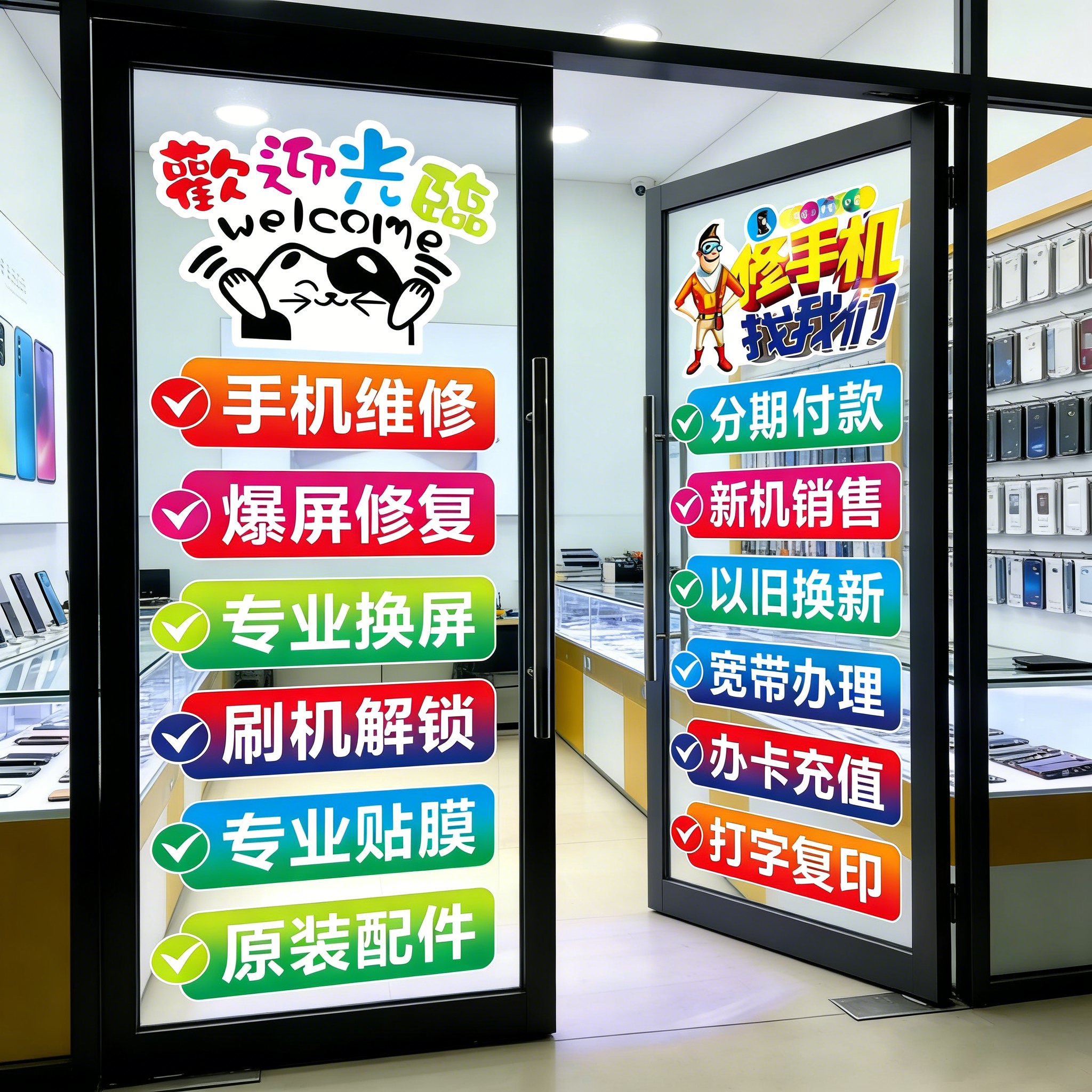 手机店玻璃门橱窗贴纸防水防晒