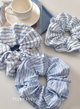 韩系ins蓝色条纹刺绣蝴蝶结大肠发圈新款森系氛围感时尚头绳发饰