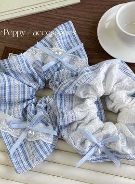 韩系蓝色条纹方形大肠圈方巾蕾丝蝴蝶结发绳马尾头绳高级感发饰