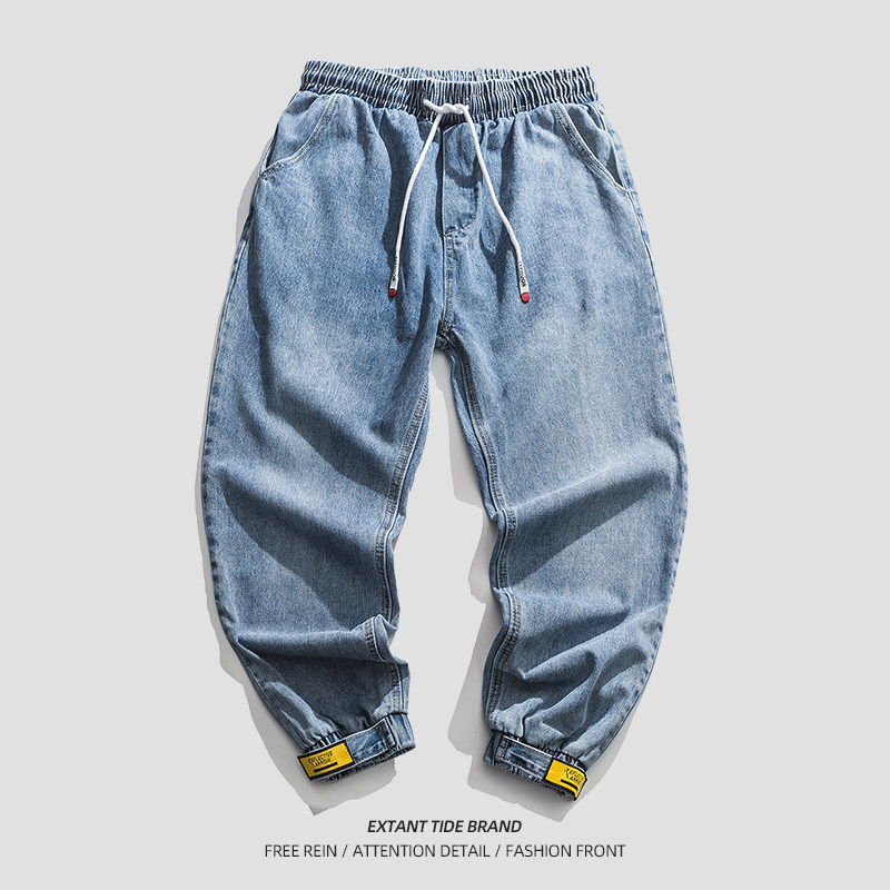 重工水洗浅蓝色牛仔裤男宽松潮牌春秋季日系复古束脚裤工装魔术贴