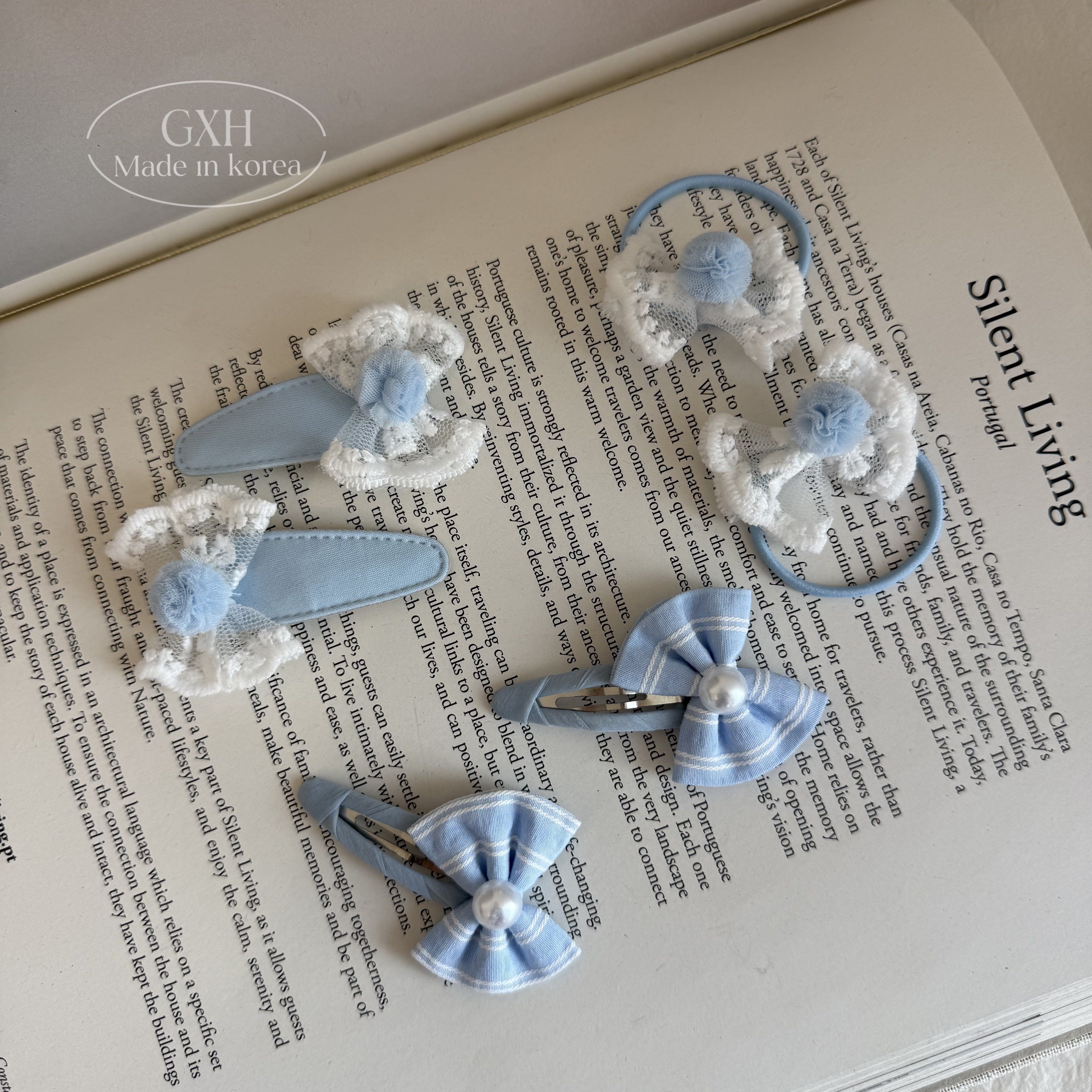 包邮春夏新款晴空蓝女童发饰蝴蝶结蕾丝掰掰夹珍珠球球小皮筋头绳