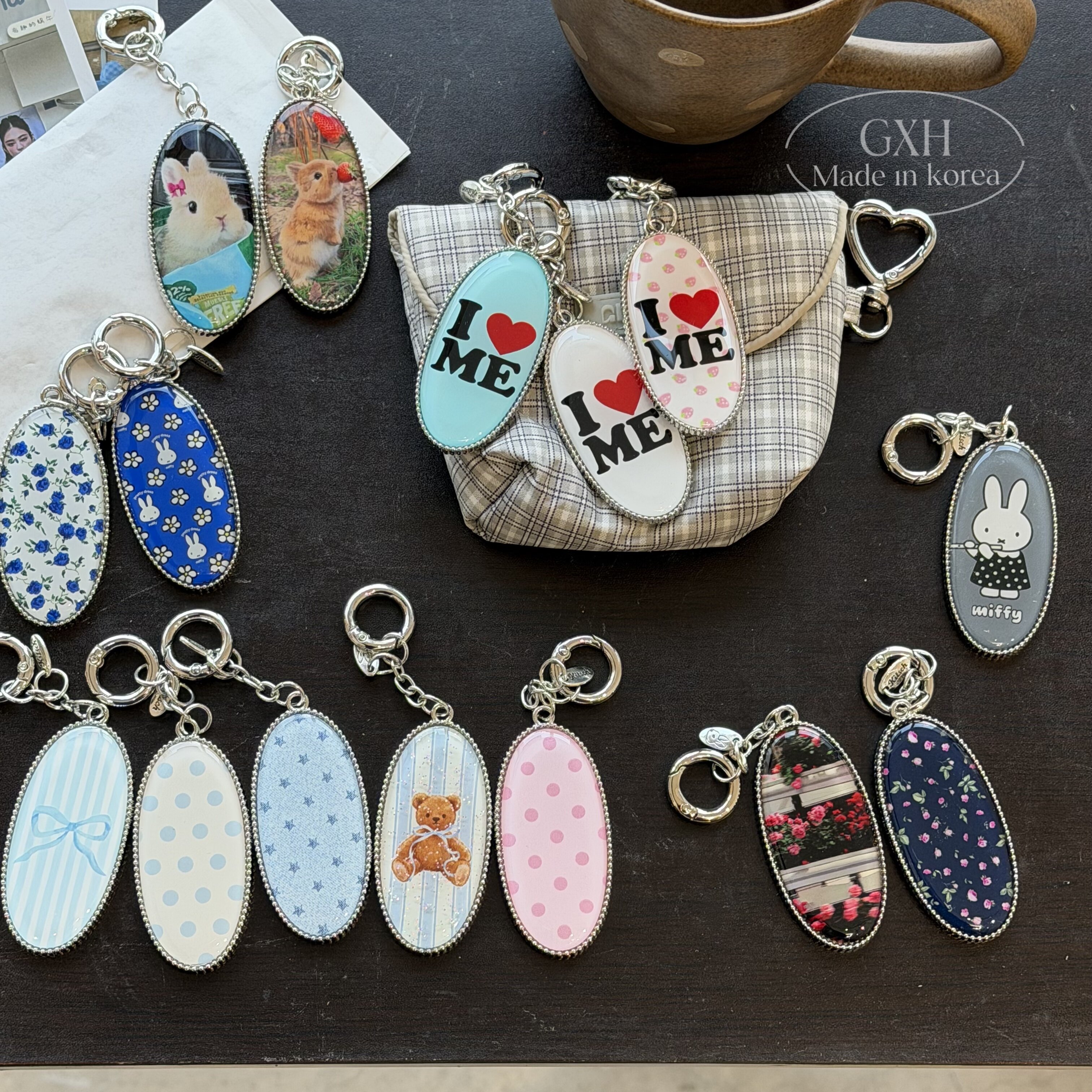 包邮韩国进口kitsch小众银标钥匙扣米菲小熊包包挂件豹纹镜子挂饰