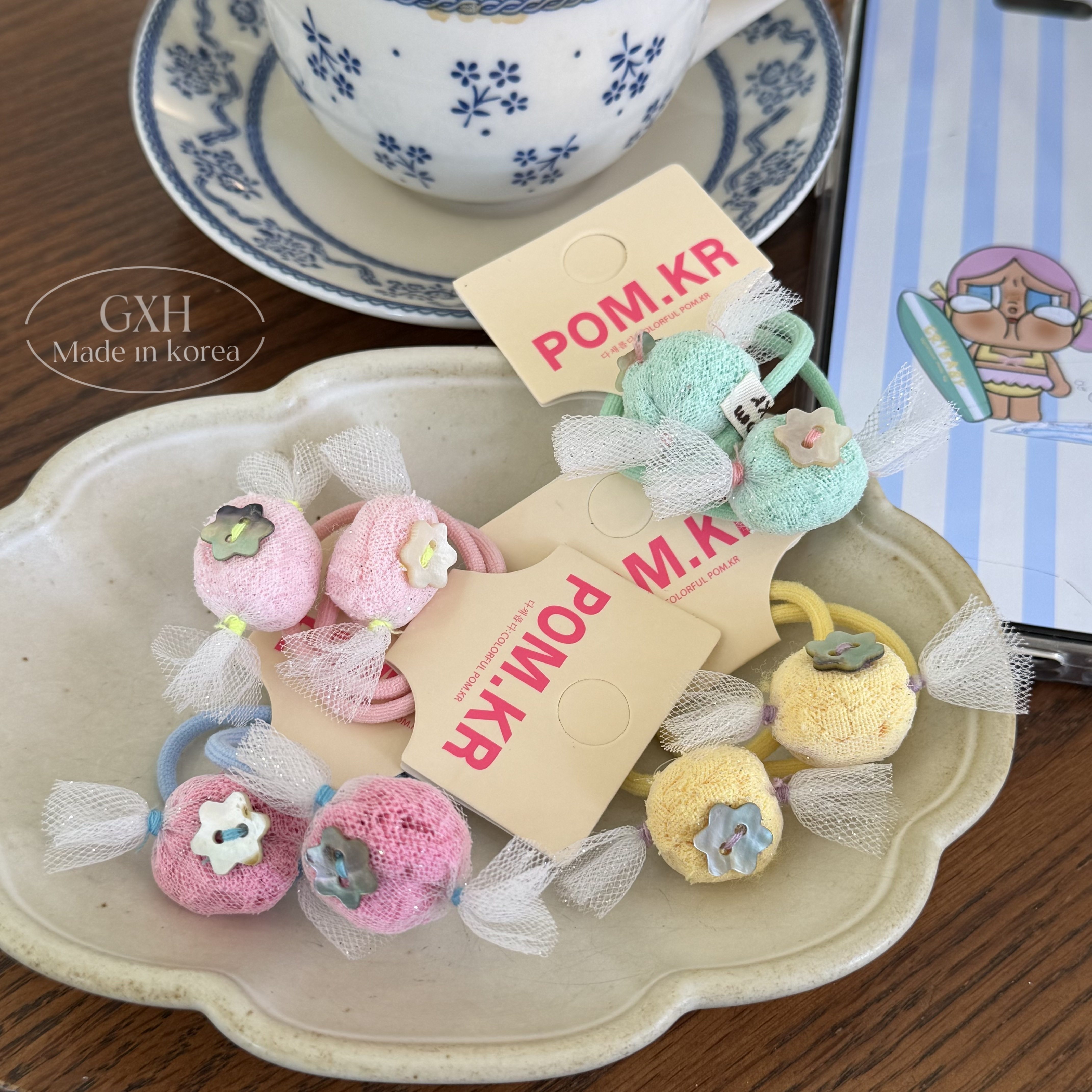 包邮韩系POM.KR甜美发饰可爱不勒发夏天网纱彩色糖果纽扣发绳女童