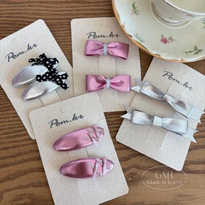 韩系pom.kr亮面粉银系蝴蝶结夹女