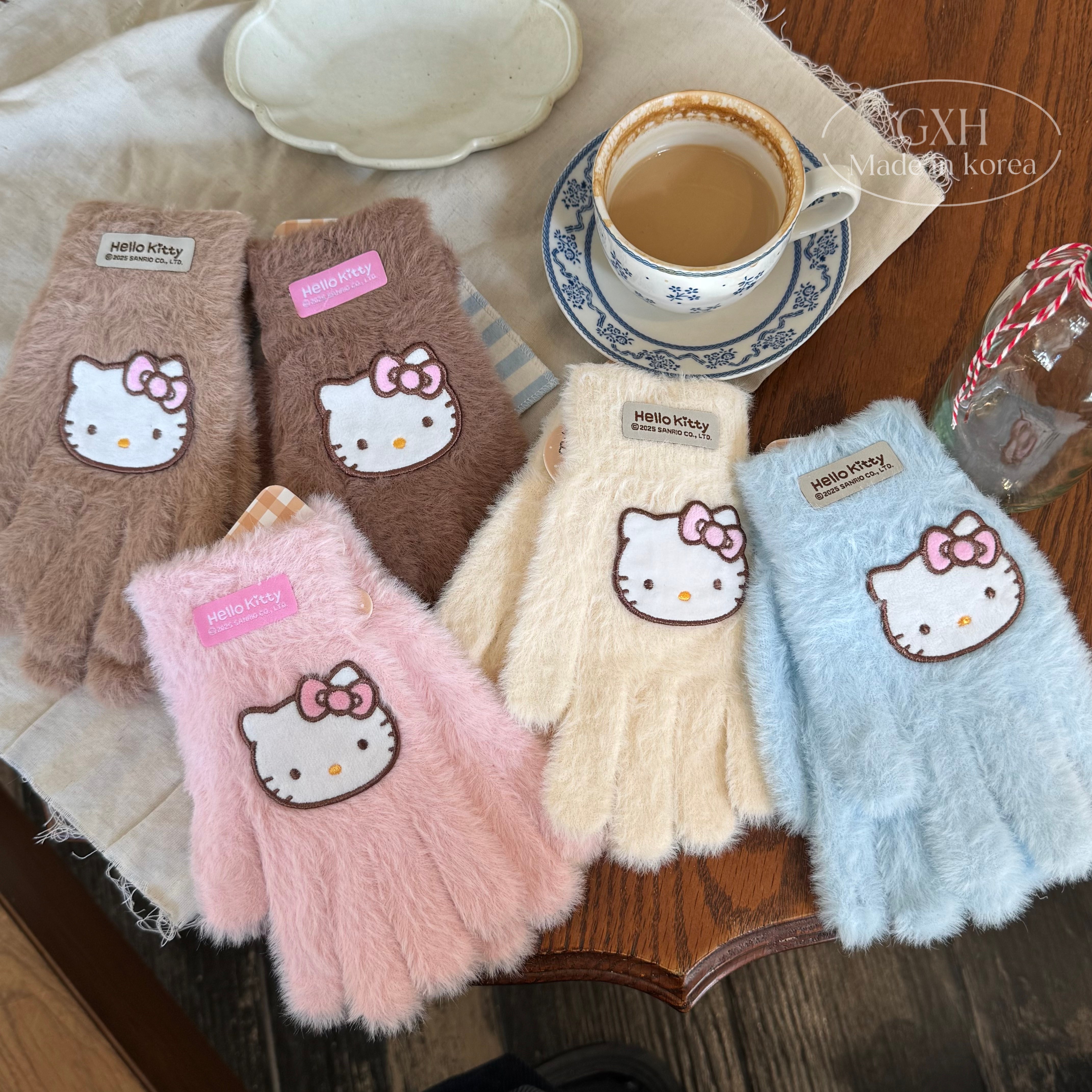 包邮正版三丽鸥HelloKitty立体豹纹蝴蝶结手套毛绒保暖针织加厚女