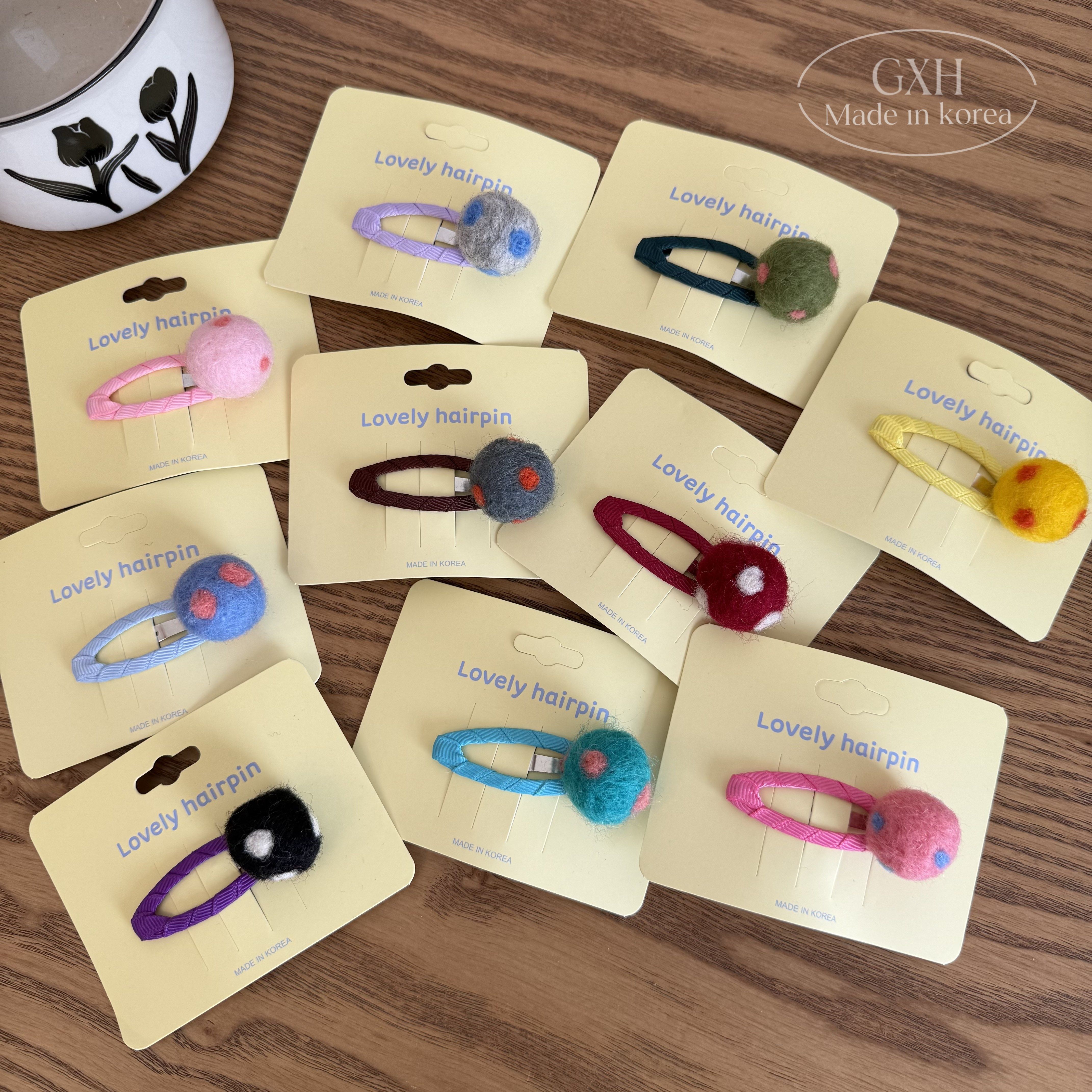 包邮韩国进口Lovely女童发夹彩色波点发饰侧边夹羊毛毡球球刘海夹