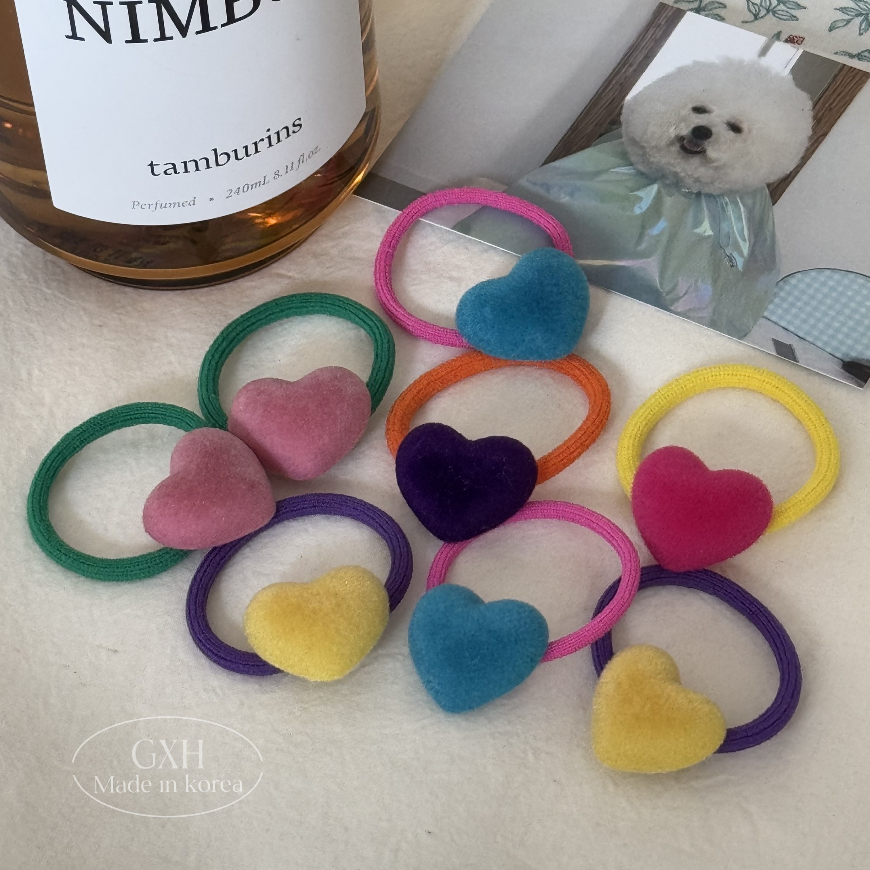 彩色植绒爱心马尾头绳撞色发圈