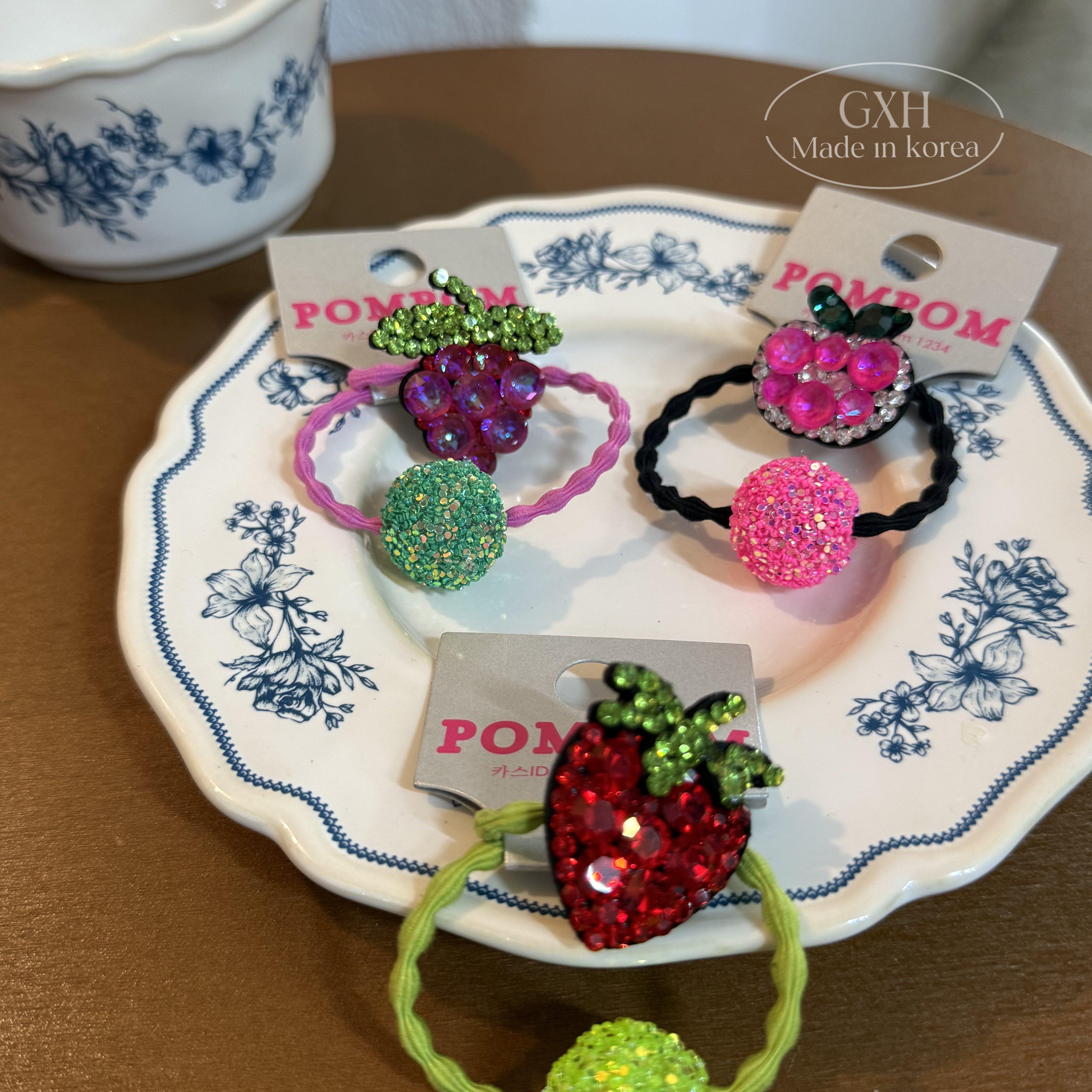 包邮韩国进口pom pom闪钻发绳清新水果单根绕绕绳女细闪球球皮筋