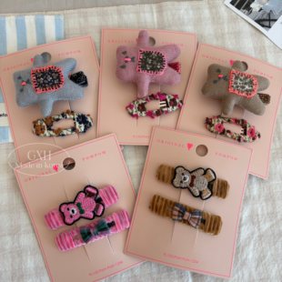 包邮韩国Original PomPom秋冬针织贴布熊刺绣丝绒BB发夹女童发饰