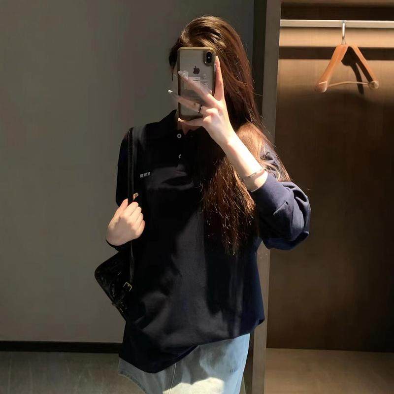深圳南油高版本 2025秋装中长款POLO衫纯棉字母刺绣上衣宽松T恤女