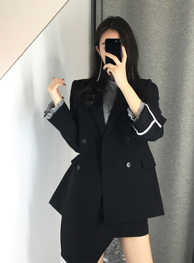 网红小西装外套女2025春秋新款韩版长袖宽松休闲双排扣黑色西服