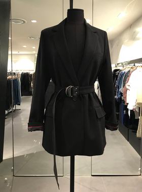 CHIC黑色系带小西装外套女2025秋季新款网红休闲复古系带收腰西服